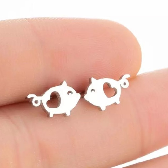 PIGGY STAINLESS STEEL SILVER Stud Earrings with Gift Bag - Picture 1 of 7
